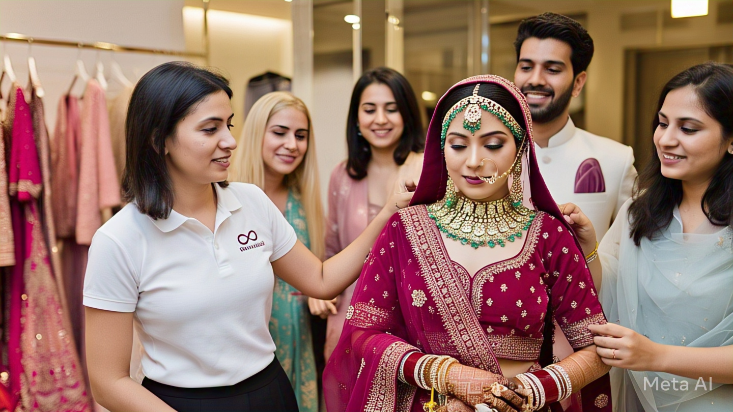 Bridal stylist perfecting bride's makeup and jewellery look for her big day in a classic red lehenga.
