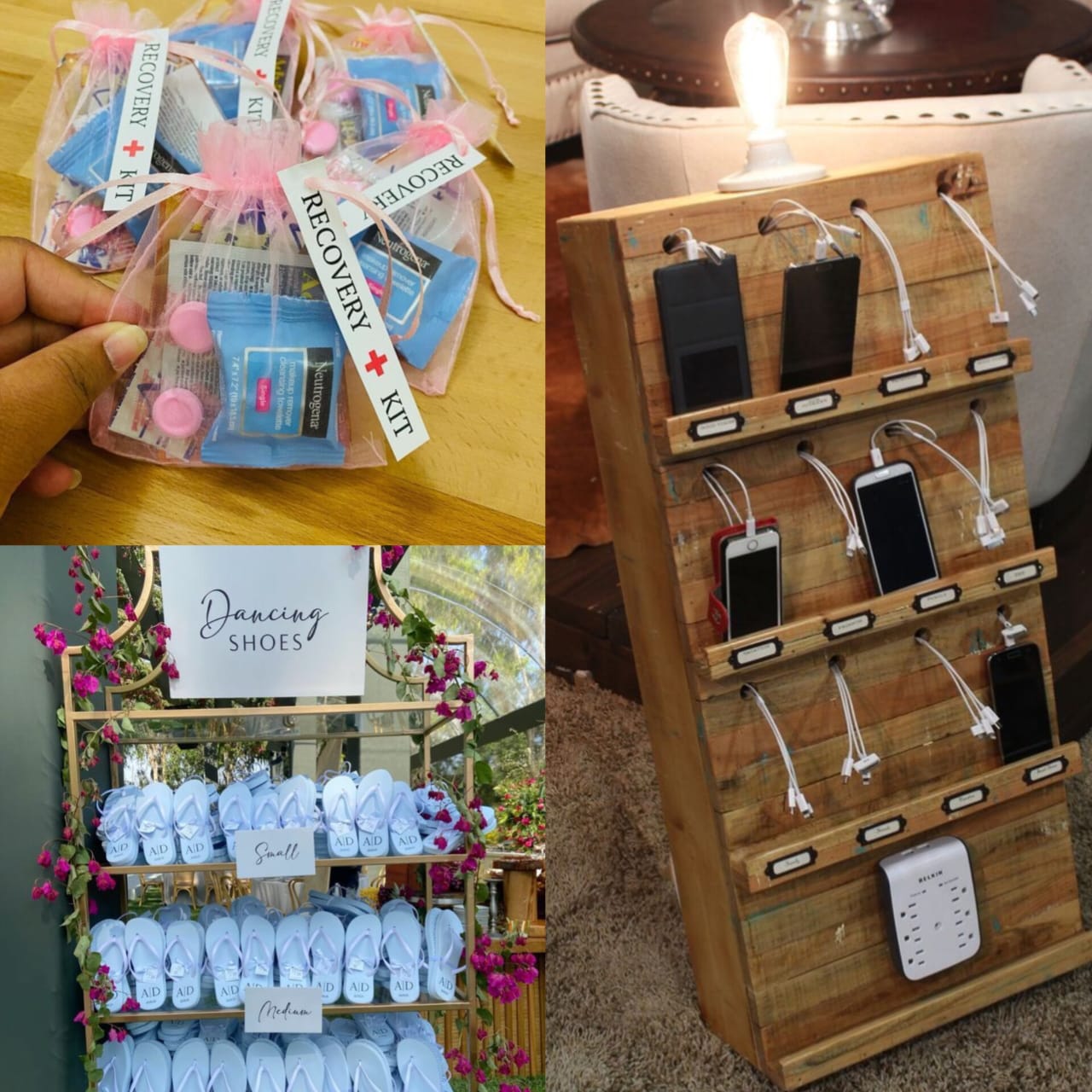 Thoughtful wedding guest experience with charging station, hangover recovery kit, and memory wall.