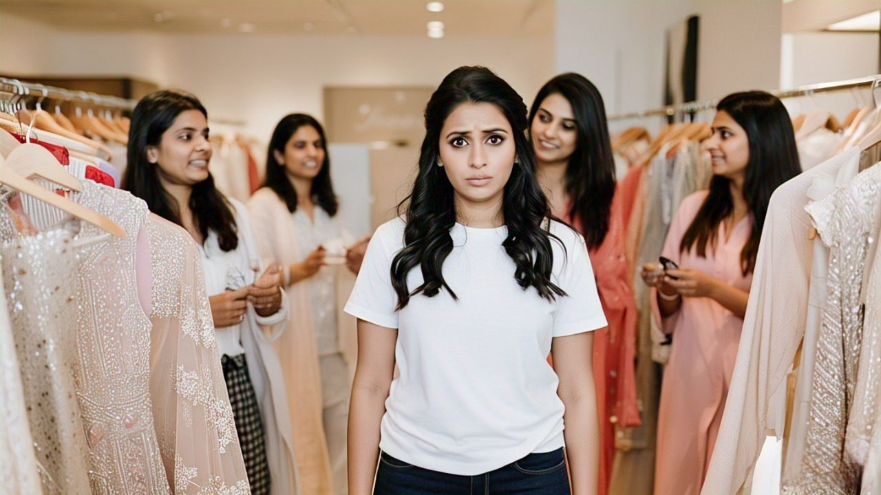 Bride is confused while choosing her wedding outfit from Pinterest boards.